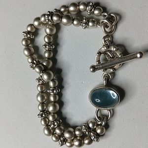 Unique artisan sterling silver 925 toggle bracelet with blue stone cabachon